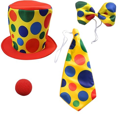 SUNTRADE Lustiges Party Clown Kostüm Set, Clown Hut, Krawatte und Nase Set, Clown Zubehör, 4 PCS