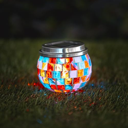 Garden Mile Solar LED Mosaic Jar Light Multi Coloured Lantern Outdoor Lighting for Garden Light Up Table Top Decoration Small Outdoor LED Garden Lamp