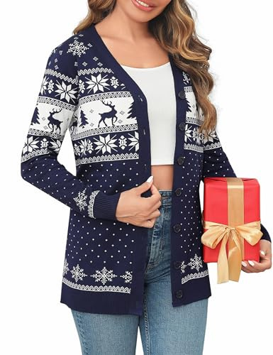 Crewhpo Women's Christmas Cardigan Long Sleeve Open Front Button Top Chunky Cable Knit Reindeer Printed Cardigans Lightweight Knitwear Sweater