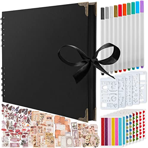 Bstorify Large Scrapbook Album, (198 PCS) - Black 80 Pages 28 x 28 CM | 174 PCS Scrapbooking Paper, 10 PCS Marker Pens, 6 Sheets Stickers, 120 Photo Corners & 5 Stencils (28 x 28 CM, Black)