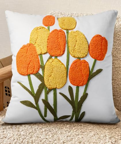 Kokaaee Bestickter Kissenbezug, dekorativer Kissenbezug mit Reißverschluss, ästhetisch, niedliches Design, Boho, Frühling, Sommer, gemütlich, für Wohnzimmer, Couch, Sofa, Bett, gelbe Tulpen, 45,7 x