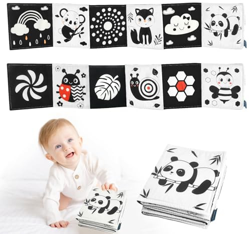 YIZHIXIANGQ Kontrastbuch Baby, Schwarz Weiß Stoffbuch, Sensorik Spielzeug Baby, Bilderbuch Tierische Insektengrafiken, Kinderwagen Spielzeug für Babys Kleinkinder ab 0 Monaten