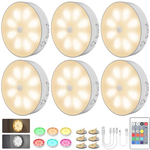 Electight 16 LEDs RGB Motion Sensor Lights with Remote, 6 PCS Cordless Night Light, 13 Colour 3 Modes, Magnetic Adhesive, 1000mAh Rechargeable Battery, for Indoor, Wardrobe,Cabinet,Stair,Hallway
