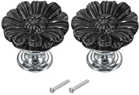 PATIKIL Vintage Floral Knobs 1-5/16, 2 Pcs Ceramic Round Drawer Knobs Dresser Knobs Door Hardware Pull Handles with Screw for Kitchen Bathroom Cupboard Wardrobe, Black