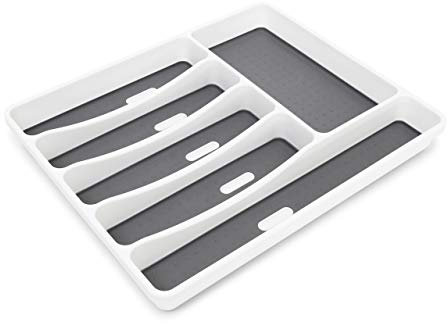 Relaxdays 2 x Besteckkasten für Schublade, Besteckeinsatz mit 6 Fächern, Kunststoff, HxBxT: 5 x 32,5 x 40,5cm, weiß/anthrazit