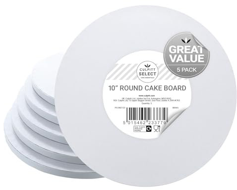 Culpitt Select 10 White Cake Boards, Round, 12mm Thick Lightweight Cake Plate For Celebration Cakes, Birthday Treats, Cupcakes, and More! Strong, 10 Inch, Pack Of 5
