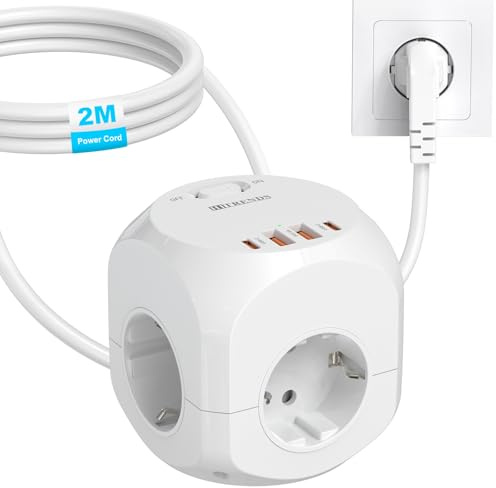 HITRENDS 4 Fach Steckdosenwürfel Mehrfachsteckdosen, Steckerleiste mit 4 USB, 2 USB & 2 Typ-C, 8 in 1 Cube Steckdose Mehrfachstecker mit 2M Kabel für Büro, zu Hause Weiß