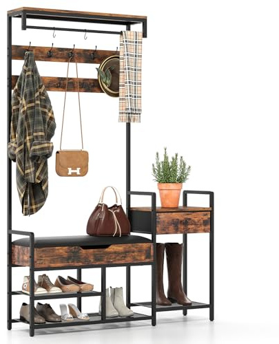 GOPLUS Garderobenständer mit Sitzbank, 5-in-1 Kleiderständer mit Schuhbank, Garderobe mit 12 Haken, offenen Regalen & Schublade, Garderobenregal Flurregal für Eingang & Schlafzimmer, 120 x 30 x 178 cm