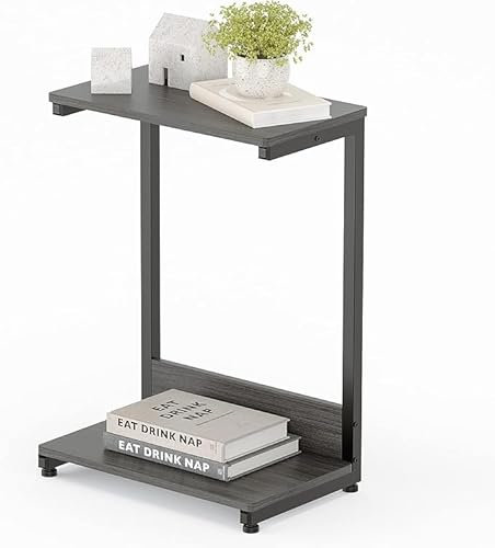Sunon Tavolino da divano, comodino con 2 ripiani a forma di C, struttura in metallo, piano in legno, montaggio semplice, grigio