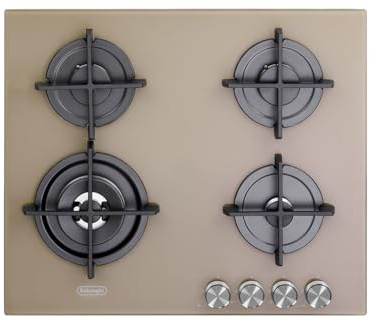 De'Longhi NSL 460 T Piano Cottura A Gas 60 Cm, 4 Bruciatori 1 Doppia Corona, Vetro Temperato, Griglie In Ghisa, Manopole In Metallo Spazzolato, Colore Tortora, Linea Life