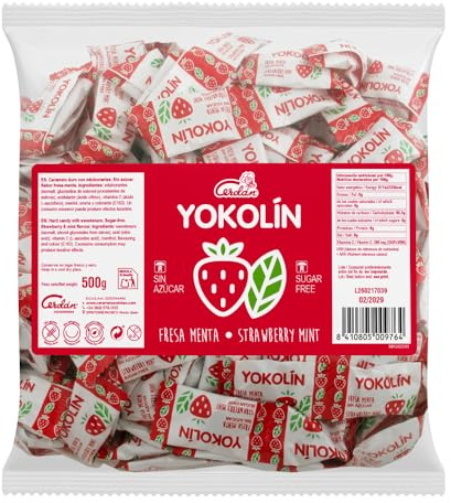 Caramelos Cerdán - Caramelo sin Azúcar Yokolín - Bolsa de 500g | Sabor Fresa-Menta | Caramelo Duro Redondo Sin Gluten ni Alérgenos | Ideal para Fiestas, Eventos y Cumpleaños