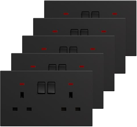 BSEED Double Socket 5 Pack, Electrical Double Switched Power Plug Wall Socket with LED Indicator, PC Wall Plate Outlet, Black, 13A
