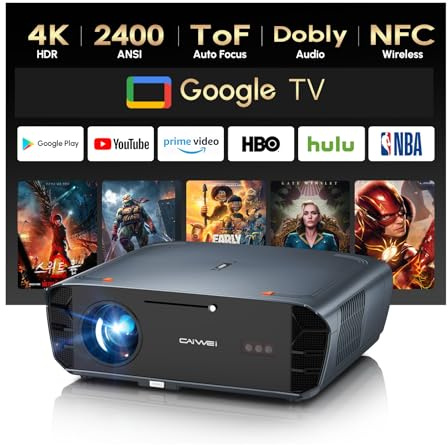 Smart 4K-projektor för hem och utomhus – 1800 ANSI ljus dagsljusprojektor, HDR10+, WiFi 6 Bluetooth 5.2, HDMI 2.1, 38 W högtalare, snabb fokusjustering, inbyggda appar för filmer, spel och affärer