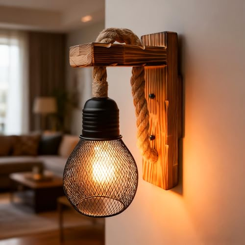 Wandleuchte Innen Holz Vintage, E27 LED Hanfseil Wandlampe mit Lampenschirm, Wandlampe Innen, Industriestil Retro Wandbeleuchtung, Wandleuchte Holz für Schlafzimmer, Flur, Café(Ohne Leuchtmittel)