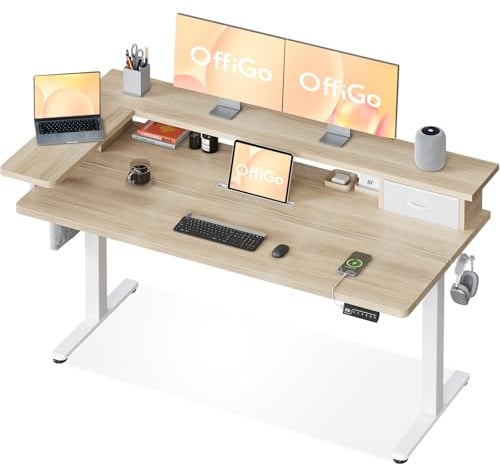 OffiGo Bureau Assis Debout avec Tiroir et USB, 140×60 cm, Beige | Support d'écran en L, 3 mémoires, bureau assis debout électrique pour le télétravail, USB intégré, 72–119 cm