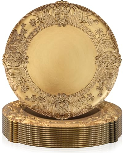PBSKM 12 Pack Antique Gold Charger Plates, 35 cm Plastic Decorative Dinner Plates Bulk with Embossed Rim, Round Vintage Plate Chargers for Wedding Party Banquet Anniversary Table Setting