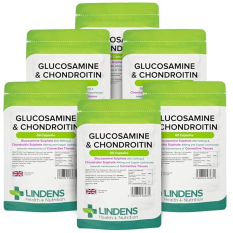 Lindens - Glucosamine & Chondroitin, 360 Capsules (60 x 6 Packs) - UK Made - Glucosamine Sulphate 2KCl 500mg, Chondroitin 400mg with Copper - Connective Tissue & Joint Support, Letterbox Friendly