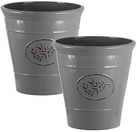 Country Style Gloss Plastic Planter - Grey, Set of 2-23cm (H) x 23cm (Dia) - Suitable for Indoor or Outdoor Use.