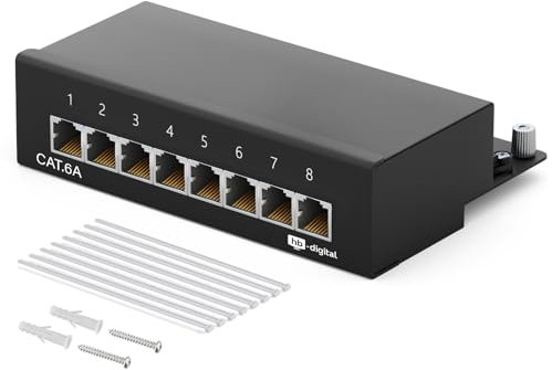 HB-DIGITAL 8-port CAT 6a LSA Patchpanel geschirmt Verteilerfeld Desktop & Wandmontage Patchfeld 8x RJ45 Buchsen für Netzwerk Ethernet LAN Kabel mit Erdungskabel - Schwarz