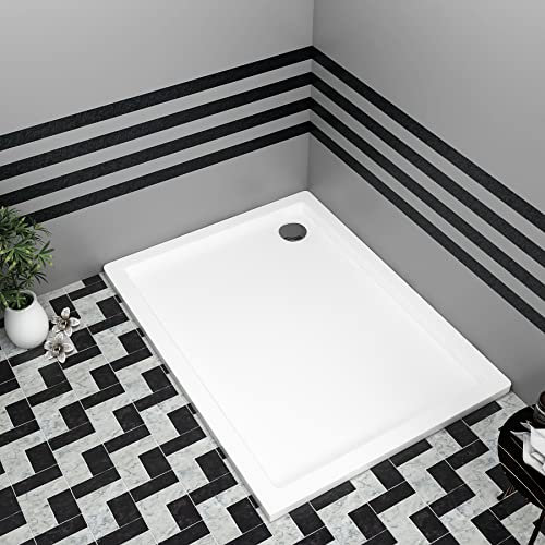 Nuie Bathroom 1200 x 700mm Shower Tray Gloss White Slimline 40mm Stone Resin Rectangular Base with Free Waste Trap Kit