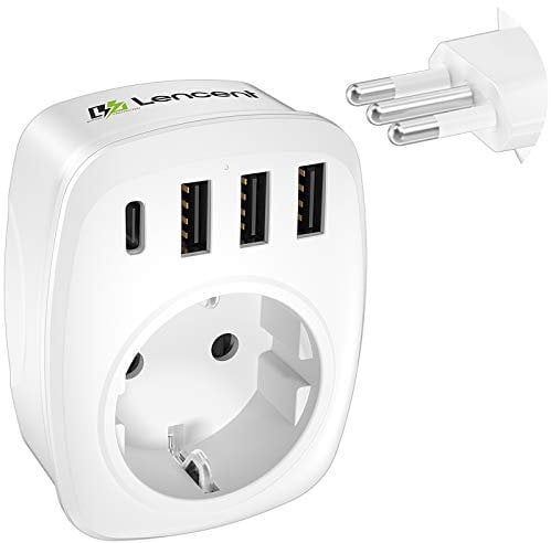 LENCENT Reiseadapter Netzadapter Schweiz Deutschland Stecker, EU auf IT, Typ-L, Reisestecker Adapter für Italien Chile Uruguay Syrien Wand Steckdosen, Mit 3 USB/1 Typ C/AC Steckdosenadapter