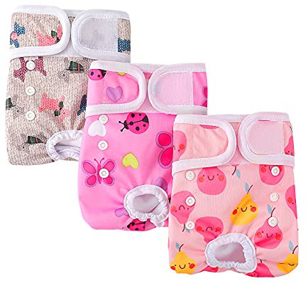 COMSLE Dog Nappies Female X Small 3 Pack, Dog Period Heat Pants in Season, Super Absorbent & Adjustable Sanitary Reusable Doggy Puppy Diapers