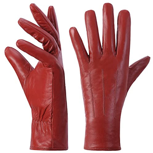 Harssidanzar GL017 Damen Winterhandschuhe aus Lammfell, warmes Kaschmirfutter, Touchscreen, Text, warm, Rot/Ausflug, einfarbig (Getaway Solids), Medium