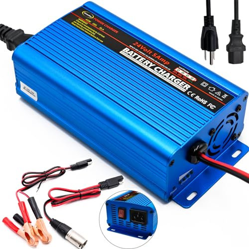 24 Volt battery charger Smart Fully Automatic Battery Charger Maintainer Trickle Charger 5A 3-pin XLR alligator connector with I/O switch(UK Plug)
