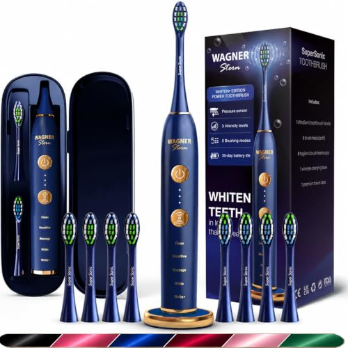Wagner Stern WHITEN+ – Brosse à dents électrique avec capteur de pression, 5 modes, 3 intensités, 8 têtes souples, moteur puissant, étui de voyage luxe inclus (Marine)