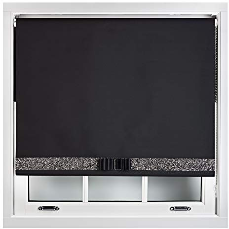 FURNISHED Blackout Roller Blinds Decorative Glitter Fabric & Bow - Trimmable - Black 205W x 210H cm