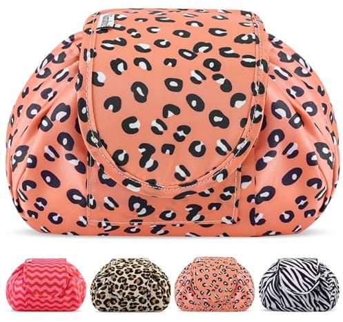 Lazy Kosmetikbeutel mit Kordelzug Portable Große Kosmetiktasche Reisetasche Make up Beutel Aufbewahrung Organisator für Damen Mädchen (Pink Leopard)