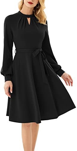 GRACE KARIN Damen Langarm Knielang Cocktailkleid Abgefackelt Plissee Kleid Schwarz XL