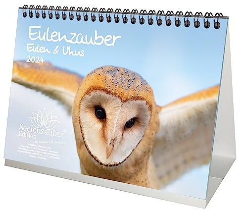 Eulenzauber Eulen und Uhus DIN A5 Tischkalender für 2024 - Geschenkset Inhalt: 1x Kalender, 1x Weihnachtskarte (insgesamt 2 Teile)