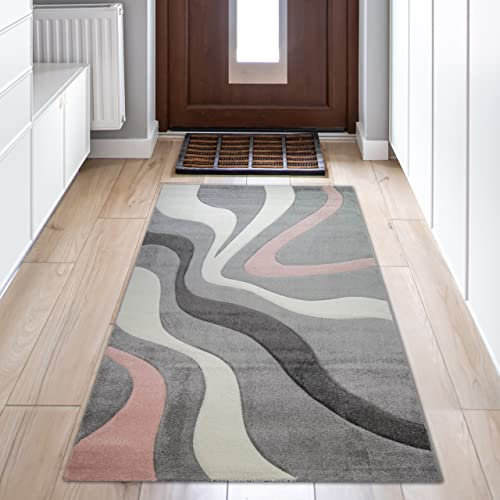Teppich-Traum rosa weiß Grauer Teppich mit Wellendesign | pflegeleicht & praktisch, 80 x 150 cm