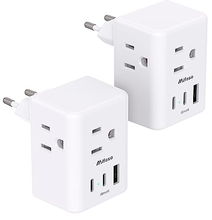 2 Pack European Travel Plug Adapter, Mifaso International Power Plug Adapter with 3 Outlets 3 USB Charging Ports(2 USB C), Type C Plug Adapter Europe Travel Essentials to Spain Italy France