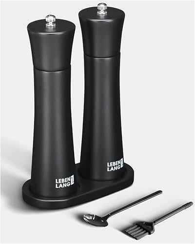 LEBENLANG Salz und Pfeffermühle Holz - Inkl. Edelstahllöffel & Untersteller I 2er Set aus Akazienholz I Salt and Pepper Grinder Salzmühle Gewürzmühle Schwarz Pfeffer Pfeffermühlen Salzstreuer groß