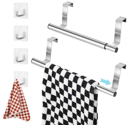 RosewineC 2Pcs Over Door Towel Rail,Installation-free Stainless Steel Over Cabinet Door Tea Hand Towel Rack,Silver Towel Bar Holder No Drilling for Kitchen Bathroom with 4 Hooks