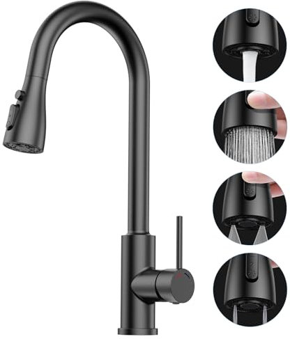 Wasserhahn Spüle Küche mit Brause Ausziehbar - SREWOHS PRO Hochdruck Küchenarmatur Mischbatterie 360° Drehung,1 Loch Wasserhahn mit 4 Sprühfunktionen (C- EU Only Black G3/8 Connector)