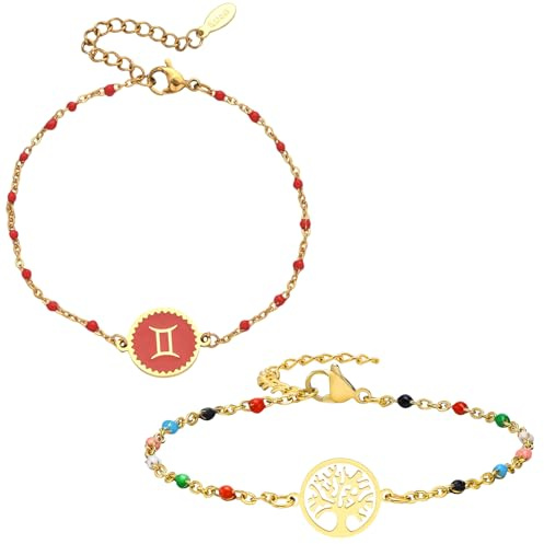 Caimeytie 2 Stück Armband Sets damen,1Stück baum des lebens armband,und 1 Stück sternbild armband,Buntes Perlenarmband damen,vergoldetes aus edelstahl,geschenke für frauen Zwillinge