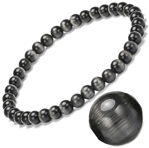 EUMENIDES Damen-Naturstein-Armband, Turmalin, Tigerauge, Obsidian,Achat-Kristallstein-Armband,QUALITÄT A, 7,2 Zoll, 4/6MM, (Schwarzes Katzenaugen-Armband,5MM)