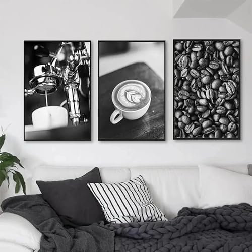 SHUYINGHENGXIE Schwarz Weiß Kaffee Poster Druckt Leinwand Malerei Kaffeebohnen Moderne Wandkunst Bilder Küche Restaurant Raum Dekoration Kein Rahmen-30x40cmX3