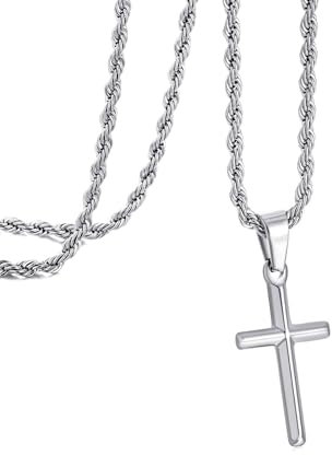 murtoo Cross Necklace for Men Silver Rope Chain Stainless Steel Necklace for Mens Silver Chain Mens Gifts for Him Boyfriend Father Silver, 24''Rope