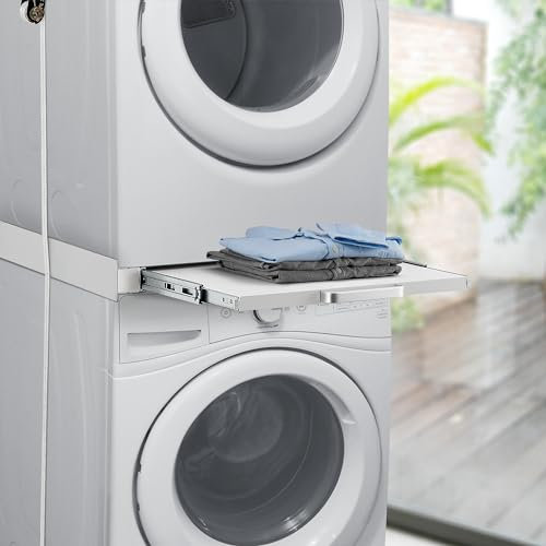 [en.casa] Kit de Superposición para Lavadora y Secadora Set de Unión para Electrodomésticos Soporte Universal con Encimera Extraíble y Correa de Seguridad 60 x 60 cm máx. 100 kg - Blanco