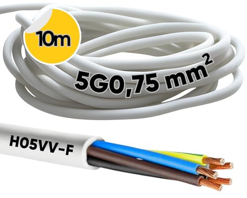 Kalitec H05VV-F - Tubo flessibile da 10 metri, 5 x 0,75 mm², 5 G0,75 mm2 con conduttore di protezione, cavo in PVC per interni, cavo elettrico bianco, cavo per lampada, flessibile, 5 fili