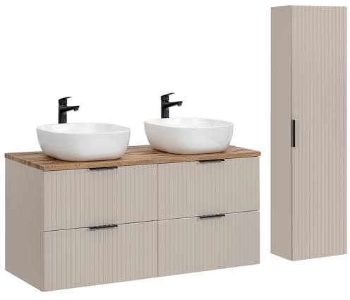 Lomadox Badezimmer Badmöbel Set mit 120cm Waschtisch, 2-teilig, in Kaschmir und Eiche, mit Keramik-Waschbecken