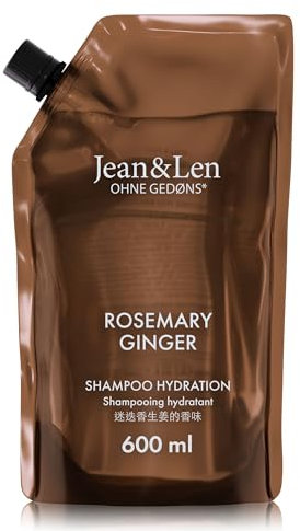 Jean & Len Shampoo Feuchtigkeit Rosemary & Ginger, Nachfüllbeutel, für trockenes & sprödes Haar, reinigt & pflegt spürbar, würzig-frischer Duft, ohne Silikone und Parabene, Nachfüllpack 600 ml