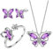 TOFBS Schmuck Set Damen Schmetterling Legierung Schmuckset Vierteiliges Ring Ohrringe Halskette Hypoallergene Modeschmuck Geschenke für Frauen Mädchen(Lila)