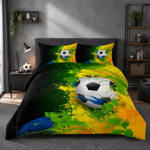 buyluhn Bettdecke 135x200 FußBall, 4 Jahreszeiten Bettdecken Grün Ohne Bezug Nutzbar, Kinder Steppdecke Microfaser Ganzjahresdecke，Waschbar Bettzeug mit 2 Kissenbezug für Sommer Winter