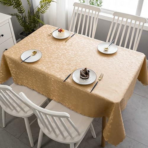 Gualiy Tischdecke Rund Küche, Tischdecken 160 PVC Abwaschbare Tischdecke Küche Blattmuster Tischdecken für Glastisch, Champagner