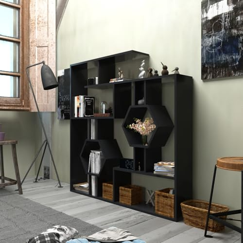 Modern Black Bookshelf, 134 x 134 x 22 cm | 100% Melamine Coated Particle Board, 18 mm Thick | Wall-Mountable, Stylish Storage Solution for Home & Office